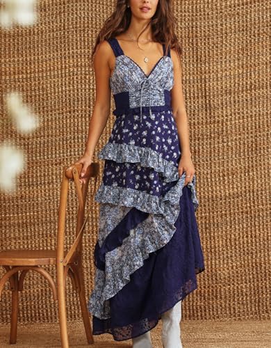 Image of Y2k Patchwork Floral Maxi Dress Boho Flowy Ruffle Tiered Summer Dress Cute Beach Smocked Long Sundresses for Women