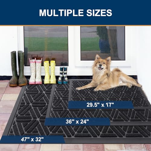 Smiry Front Door Mat Outside Entrance, Heavy Duty Natural Rubber Doormat, Trap Dirt and Moisture Easy Clean Low Profile Patio Porch Welcome Floor Mats for Entry, 47x23 Inch, Black