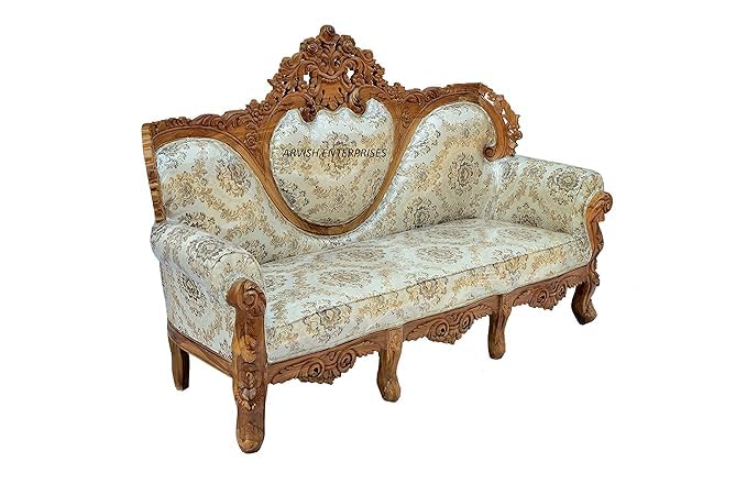 Image of Luxury Antique Sofa Set in a Classic Living Room Setting Solid Teak Wooden Five Seater Sofa Set with Cushion for Living Room | Honey Brown Finish | 208D x 76W x 119H cm (Design4)