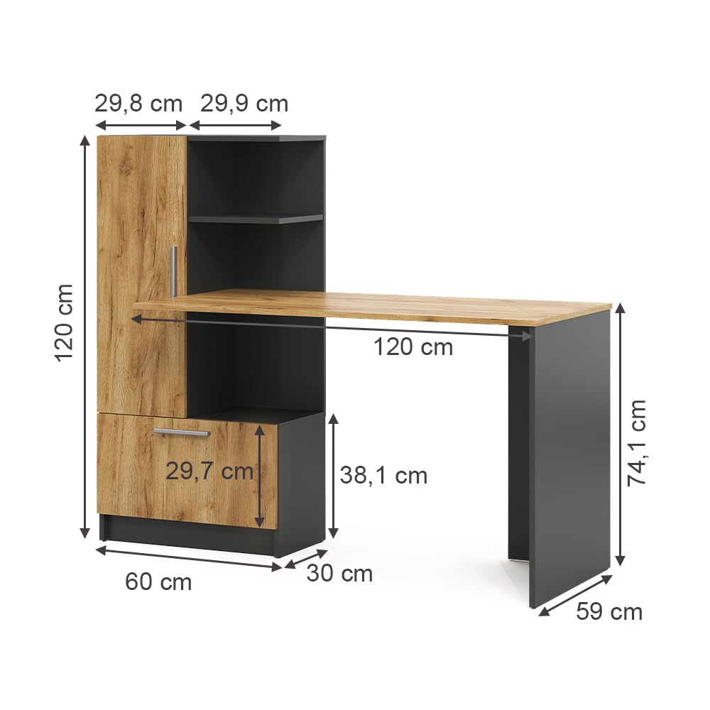 Vicco Bureau Tomy, Anthracite/chêne doré, 150x59cm, avec des espaces de Rangement Ouverts pour Un Stockage organisé