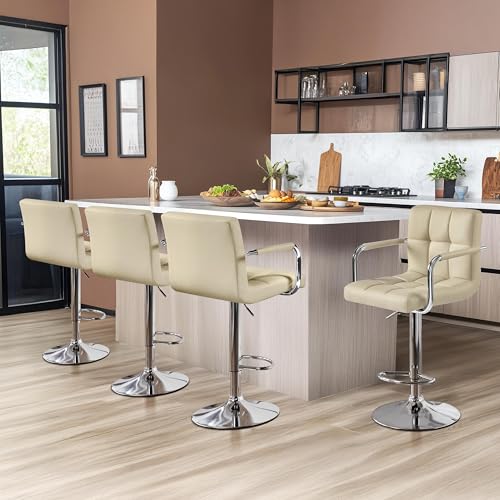 Image of Yaheetech Bar Stools Set of 4, Swivel with Backs, Adjustable Height, Khaki