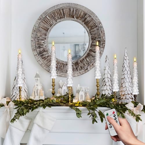 Image of Christmas Tree Candles Battery Operated with Remote, Waxy White Christmas Flameless Tree Taper Candles with Flickering Flame, Set of 3 Winter LED Candlesticks for Xmas Home Decor(0.78 inchx9.8 inch)