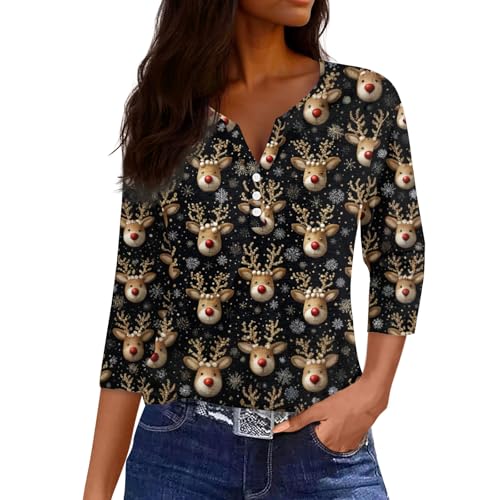 Image of Women Christmas Shirt 3 /4 Length Sleeve Henley Tops Xmas Outfits