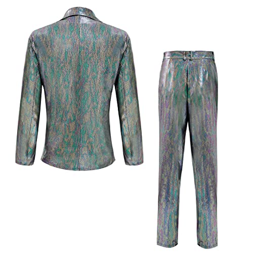 Men's 70s Disco Outfit Sequin Suit Set Metallic Shiny Jacket Slim Fit Pants Party Costume3