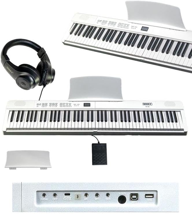 Midex PLX-80WHST Taşınabilir Katlanır Dijital Piyano Tuş Hassasiyetli 88 Tuş BT (Stand Sustain Kulaklık Çanta Metod)