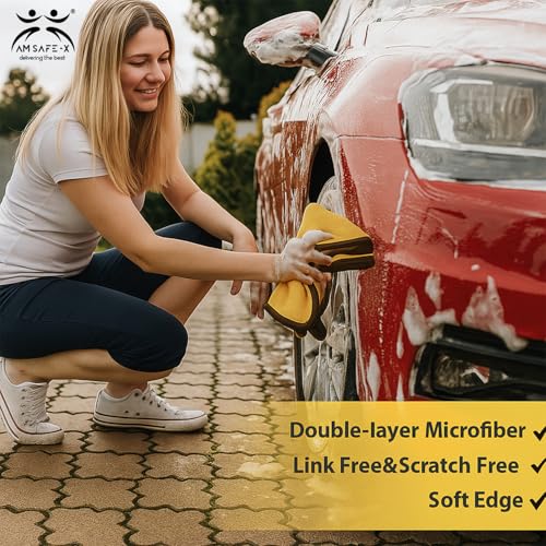 Image of AM Safe-X Microfiber Cloth for Car 500 GSM 40x40 cms 1 Pcs Yellow & Grey Twisted Loop Super Absorbent Towel, Edgeless Design with Plush Pile & Lint Free Cloth for Drying & Detailing