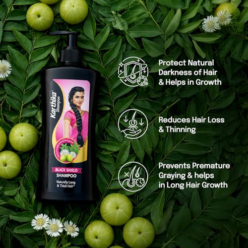 Image of Karthika Black Shield Shampoo for Hair Fall Control & Hair Growth | With Amla, Curry Leaves & Bhringraj | For Long, Strong Hair | 650 ml