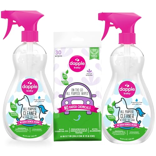 Image of Dapple Baby All Purpose Cleaning Spray, Hypoallergenic for Toys, High Chairs, Swings, Counters, Powered by Plants, 1 Pump Included, Fragrance Free, 16.9 Fl Oz (Pack of 2) + 30 Count Wipes