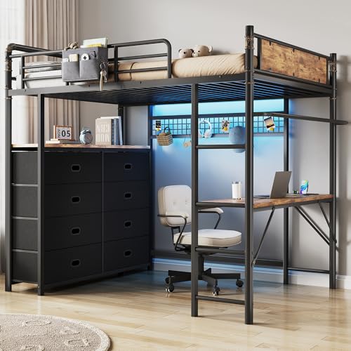 Twin Loft Bed with Desk and 8 Storage Drawers Metal Loft Bed Twin Size with LED Lights & Charging Station Bed Frame with Hanging Rod Safety Guardrail & Ladder for Kids & Teens (Rustic Brown)