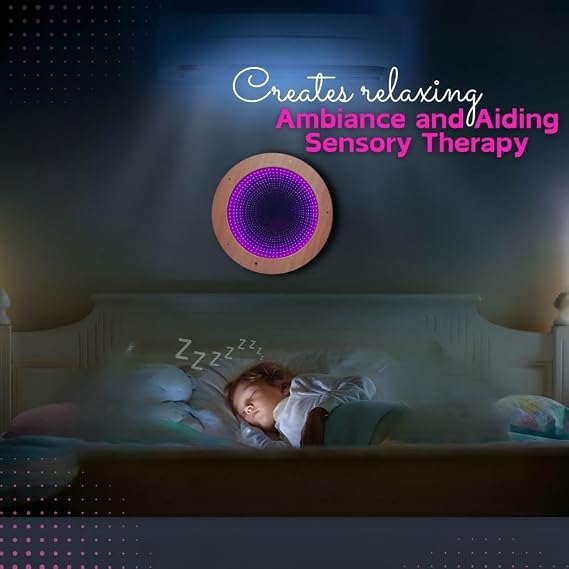 Playlearn Large Infinity Mirror Tunnel Light Round Wooden Frame with Remote Control - 50cm Sensory LED Tunnel Infinity Mirror USB Powered LED Lighting Sensory Room Décor [Energy Class C]