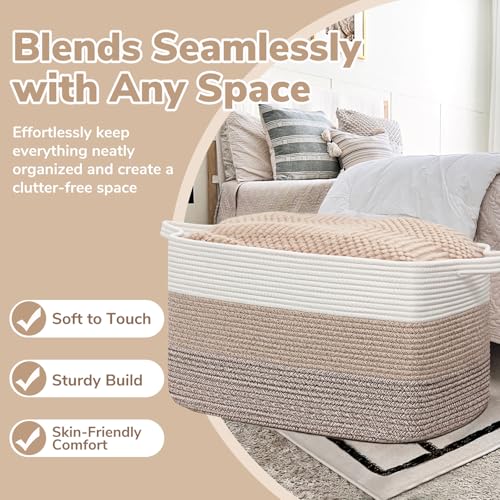 Image of Goodpick Large Woven Blanket Basket 23.6 inch x 15.7 inch x 13.8 inch Cotton Rope Storage Organizer for Dirty Clothes Pillows, Soft Toy Storage Basket for Nursery Home Decor, White & Light Brown