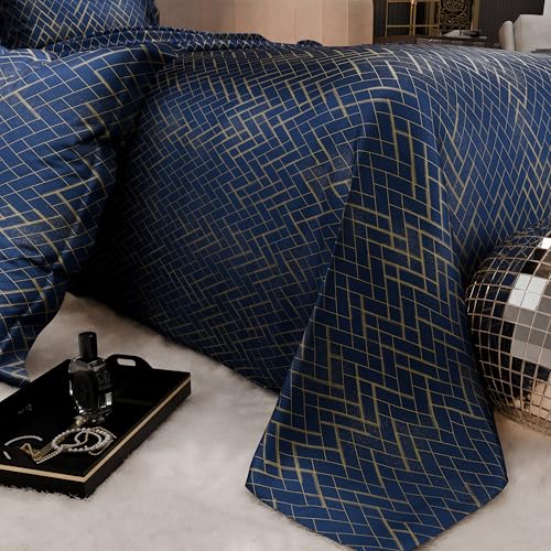 Image of Stoa Paris 300TC UltraSatin Printed Double Bedsheet with 2 Pillow Covers, Gentle on Skin & Hair, Wrinkle & Fade Resistant, Aesthetic Home Decor, Gift for Couple, Starlit Night - Navy (228cm x 254cm)