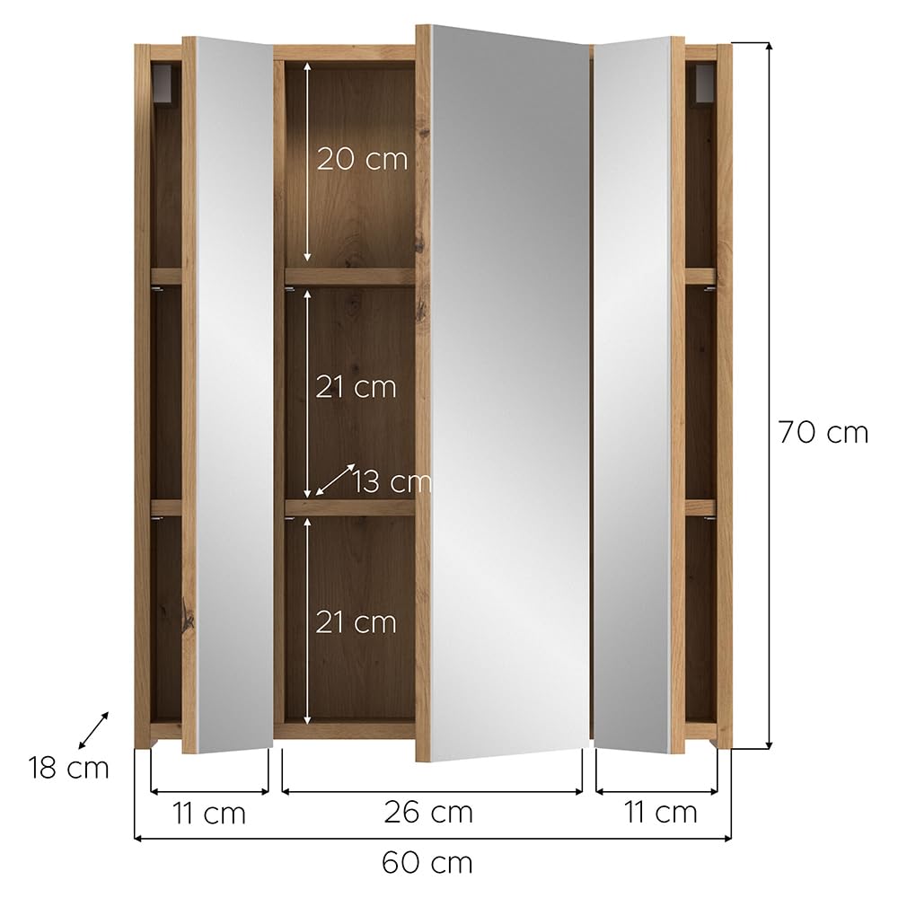 Lomadox Badezimmer Badschrank Spiegelschrank mit 60 cm Breite in Eiche, 3 Spiegeltüren mit 3D-Funktion