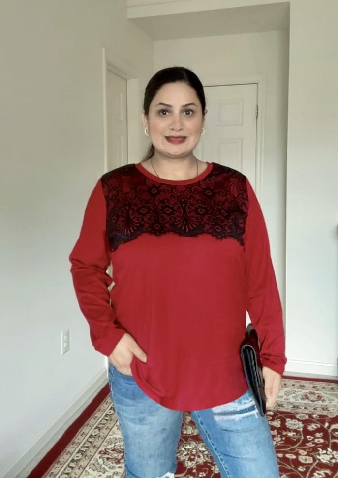 RITERA Plus Size Lace Tops for Women Long Sleeve Crewneck Pullover Fall T-Shirts Tunics Basic Tees T-Shirts XL-5XL - Image 4