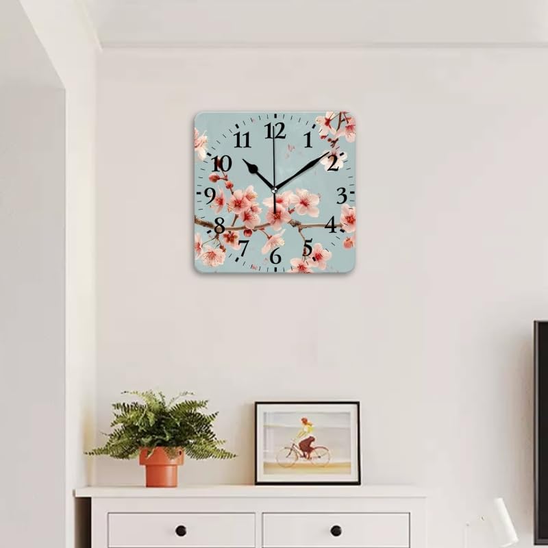 Quartz Wall Clocks Non-Ticking Silent Battery Operated Modern Wall Clocks Decorative for Home,Bedroom-Beautiful Pink Cherry Blossoms in Full Bloom(14inch)