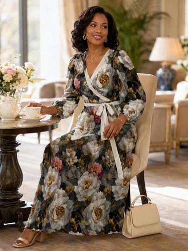 Image of SUZONANA Plus Size Dresses for Women Floral Print Maxi Dress Flowy 3 /4 Sleeve with Belt
