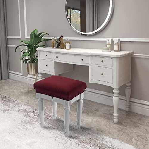 Image of 4 pcs Vanity Stool Bench Covers, Luxury Crease-Resistant Jacquard Fabric Saddle Bar Stool Slipcovers Stretch Washable, (Rectangle, 4 Counts, Burgundy)