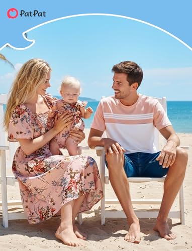 Image of PATPAT Family Matching Outfits Mommy and Me Dresses Floral Dress & T-Shirts | Mommy and Me Easter Dresses, Puff Sleeve Floral Sundress, Cotton Blend T-shirts, Couples Party Wedding Vacation Outfits