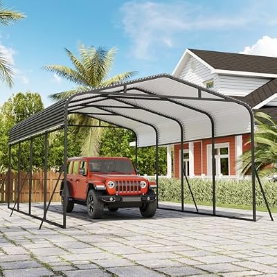GarveeTech Metal Carport, 12x20 FT Outdoor Carport Canopy with Reinforced Base and Galvanized Steel Roof, Heavy Duty Garage Car Shelter Shade for SUV, Truck, Boats