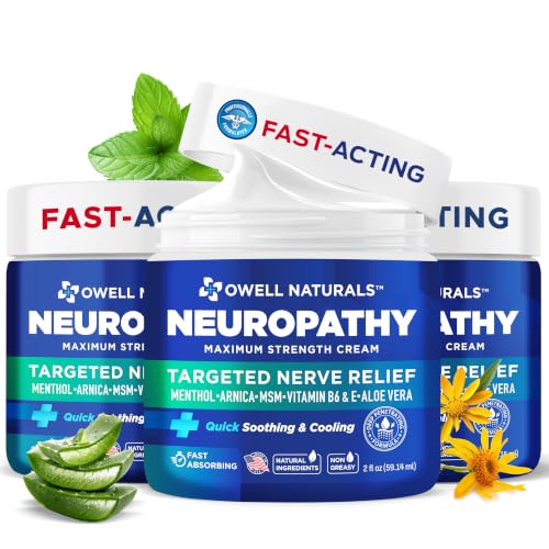 Image of Owell Naturals Neuropathy Cream Extra Strength - Fast Absorbing Cooling for Leg, Feet & Hands - Advanced Soothing Formula with Aloe Vera, Arnica, MSM & Vitamin B6 - Made in USA, 2 fl oz (3 Pack)