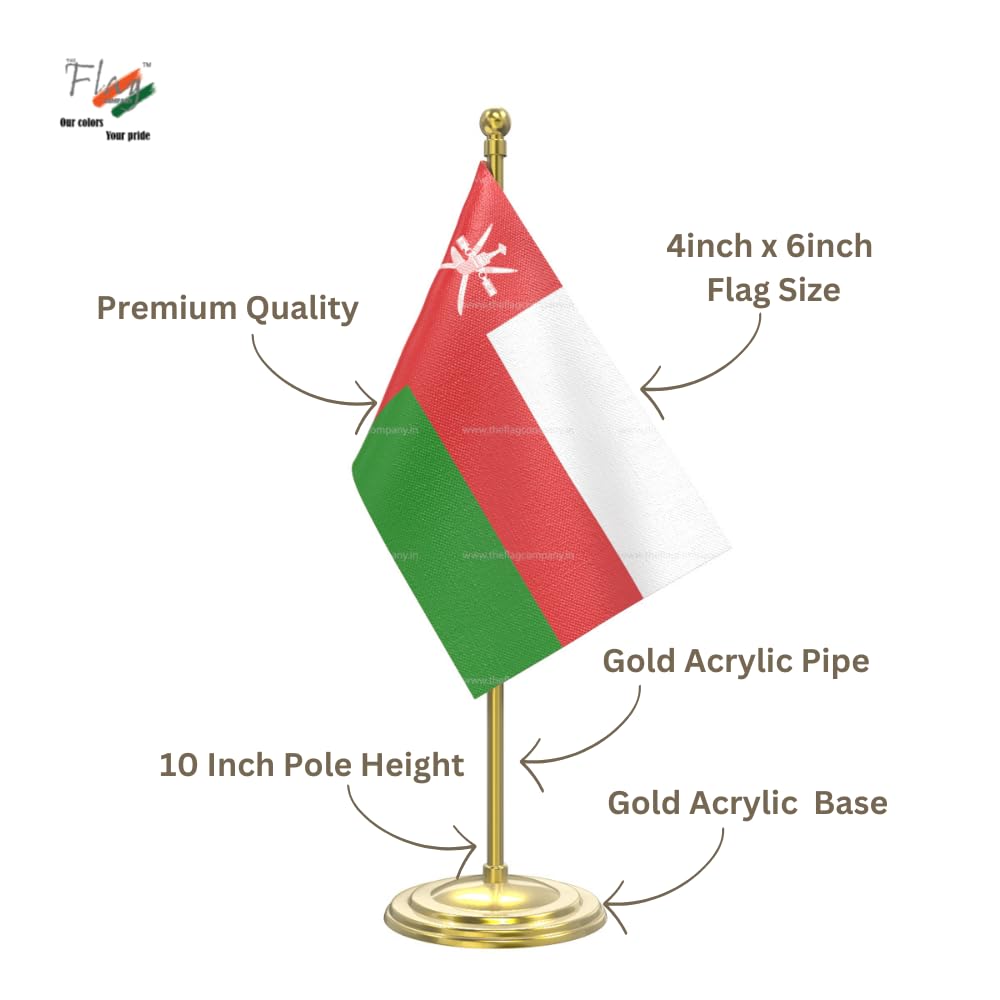 The Flag Company Oman Table Flag | 4x6 Inch Flag | Gold Acrylic Pole with Round Base | Desk Flag for Office, Reception & Home Décor 1