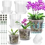 Tetutor 9 Pack Plastic Orchid Pots with Holes, 4, 5, 6 Inch Clear Orchid Pots for Repotting with Saucers Drainage and Plant Stakes, Large Small Breathable Orchids Planter Plant Pot