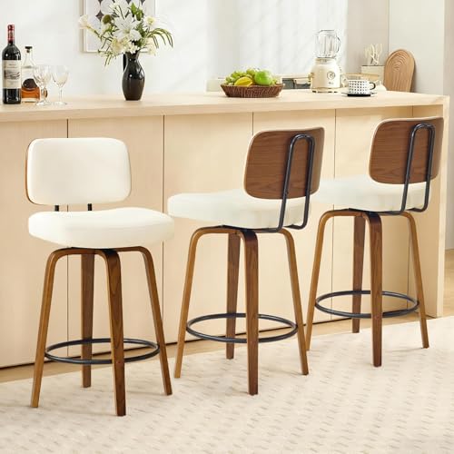 Image of Counter Height Bar Stools Set of 3, 26+inch Swivel Faux Leather Barstool with Back, Upholstered Mid-Century Modern Bar Chairs with Bent Wood Legs for Kitchen Counter, Dining Room, Cream White