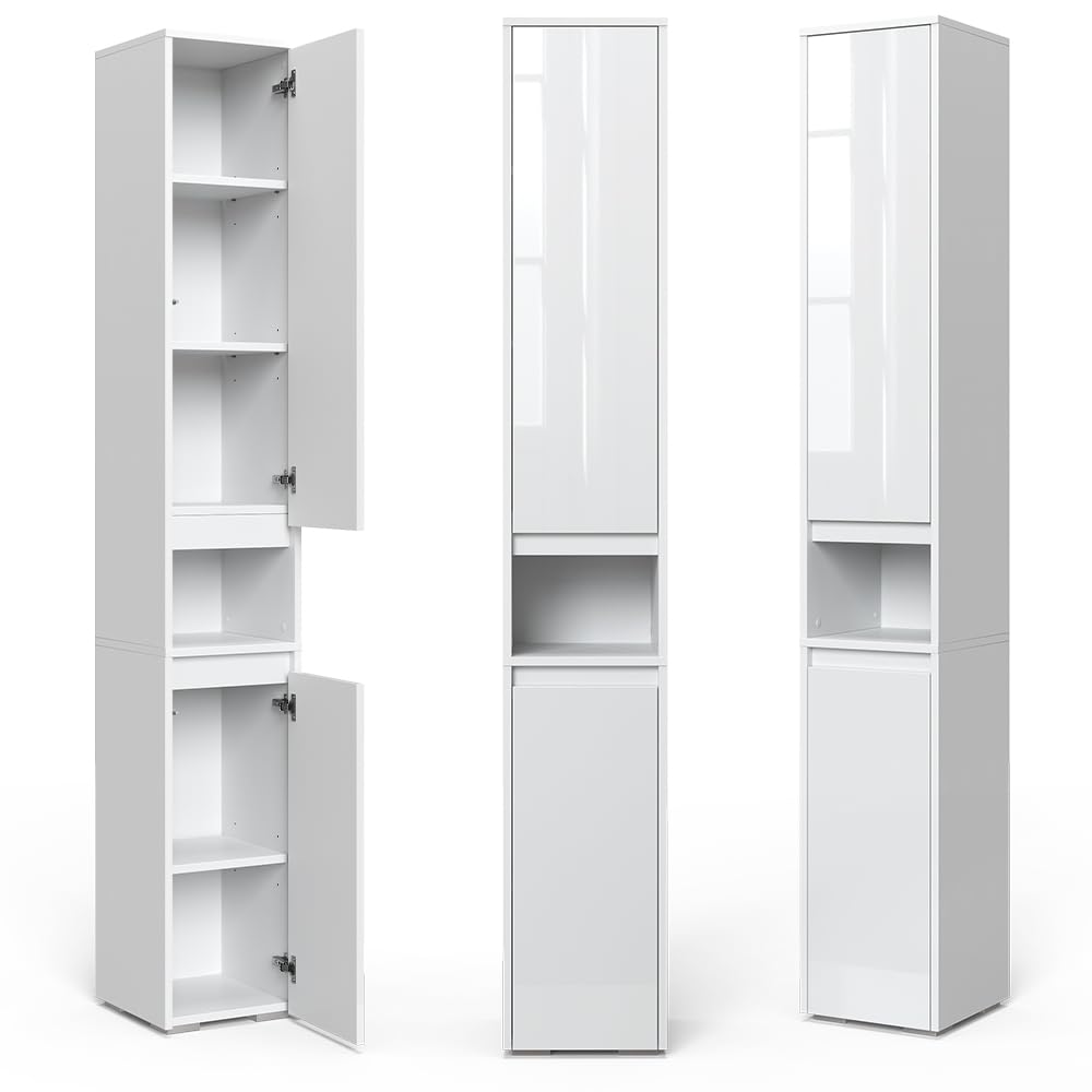 Vicco Meuble Salle de Bain Majest, Blanc Haute Brillance, 30.2x191.5cm | avec portes et compartiment ouvert, pour le rangement avec six étagères réglables