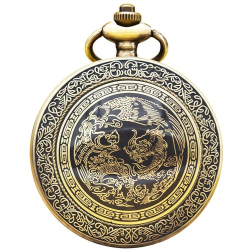 DerMacht Pocket Watch for Men Women Black Dragon and Phoenix Quartz Pocket Watches with Chain