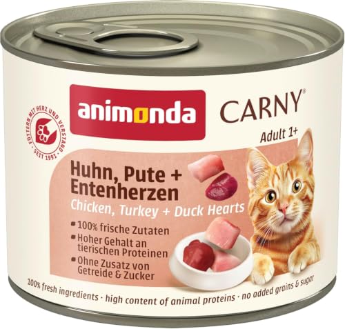 animonda Carny Katzen Nassfutter Huhn + Pute + Entenherzen (6 x 200g), getreidefreies Katzen Nassfutter ohne Zucker, mit frischen fleischigen Zutaten