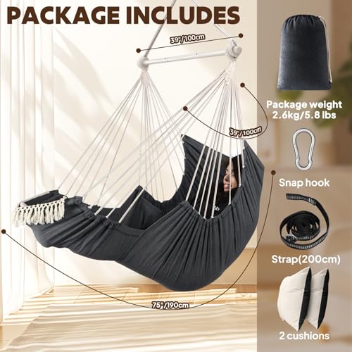 Image of Chihee Hammock Chair Foot Rest 2 Cushions Max 500lbs Metal Spreader Bar | Robust Hanging Chair Soft Cotton Blended Swing Collapsible Easy Storage Strong Strap Iron Carabiner Pocket Indoor Outdoor