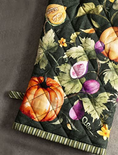 Maison D' Hermine Oven Mitt + Pot Holder 100% Cotton Kitchen Oven Gloives (7.5"X13") & Hot Pads (8"X8") For Gifts, Chef, Women & Men, Pumpkin Garden - Dark Green - Thanksgiving/Christmas #TOP2