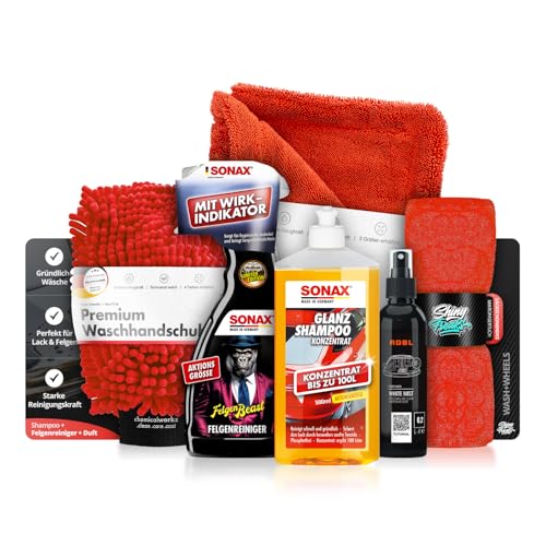 Autowäsche Set SONAX Glanz Shampoo Konzentrat 500 ml + FelgenBeast Felgenreiniger 500 ml + Waschhandschuh + Trockentuch + Mikrofasertuch + Duftspray Auto Waschset Autoreinigungsset Außen 6-tlg.