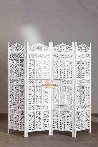 Image of Home & Goods International Wooden Room Divider Partition - Foldable Wood Screen Separator for Living Room, Bedroom, Office, Restaurant - Kangra Badrun, White (4 Panel with Stand)