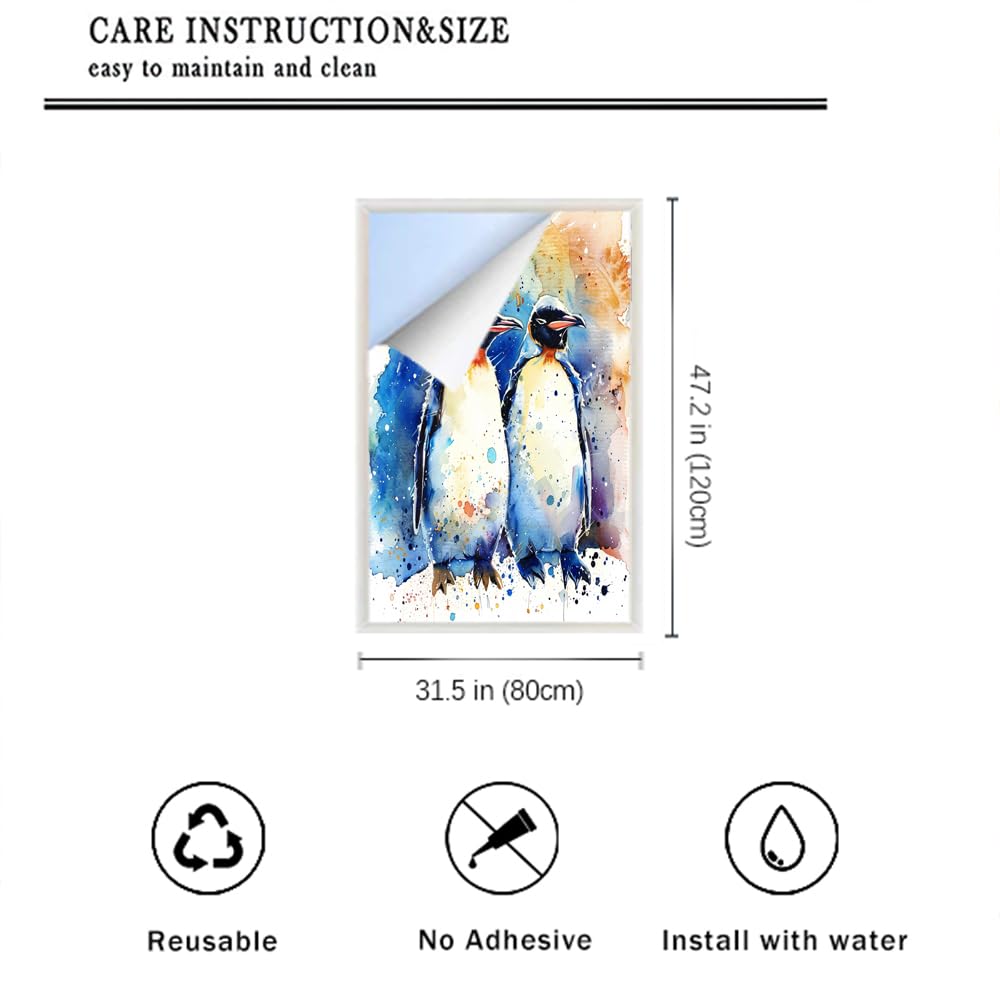 Abstrakter Pinguin-Fenster-Sichtschutzfolie, Retro-Blau, niedliches Tier, Milchglas-Fensterfolie, dekorative statische Haftung für Glas für Zuhause, 80 x 120 cm