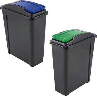 M1SS Set of 2-25L Litre Plastic Indoor Recycle Slimline Waste Bin with Lid for in the Home/Kitchen- Made in UK (Blue and Green), 40.00 x 19.00 x 51.00 cm