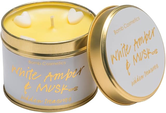 Bomb Cosmetics White Amber & Musk Scented Tin Candle; Contains Pure Clary Sage & Sandalwood Essential Oils; Vegan Friendly; 30-35 Hour Burn