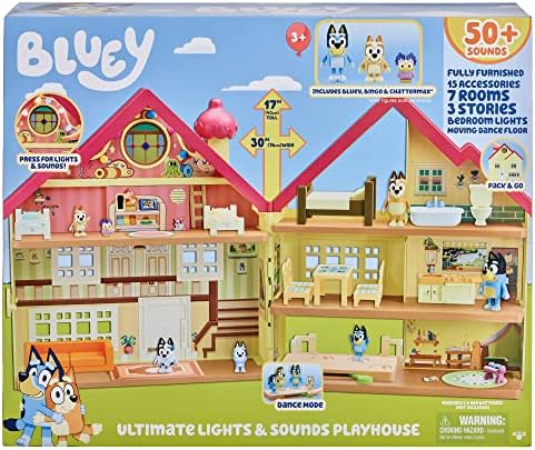 Bluey Ultimate Lights & Sounds Furnished Playhouse Official Collectable 2.5 inch Posable Figures and Accessories