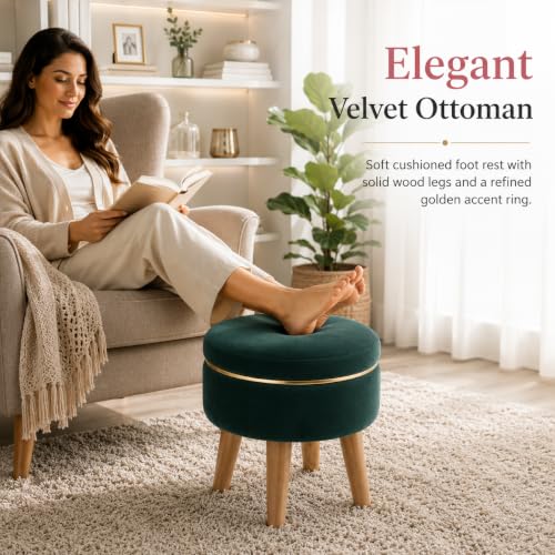 Image of Ottoman Stool for Living Room Foot Rest | Velvet Small Ottoman Foot Stool | Solid Wood Legs | Footstool Puffy for Home, Bedroom & Makeup Table | 30 x 30 cm (12 x 12 Inch) | Green