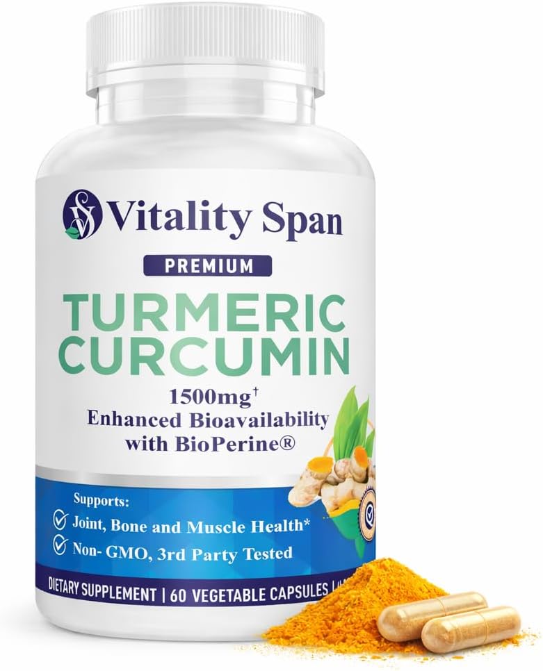 Turmeric Curcumin Supplement 1500mg, 95% Curcuminoids Ultra Potent, High Absorption Curcumin with Black Pepper, Non-GMO, Made in USA, 60 Veg Capsules