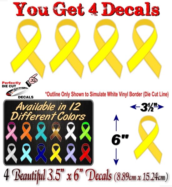 4 Yellow Cancer Ribbon 6'' Sticker Decals Bladder Sarcoma Bone Cancers Vinyl Vehicle Decal Stickers (4 Decal Set - Yellow Ribbons)