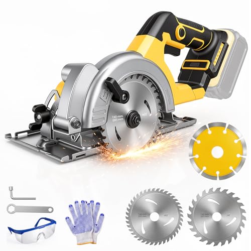 Cordless Circular Saw for Dewalt 20V Battery 5.5 Brushless Circular Saw with 3 Blades 0-45 Cutting Angle Cutting Depth and Angle: 48mm(90)-33mm (45) Idea for Wood Plastic Tile Cut (No Battery)