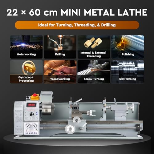 Mini tokarka metalowa, maszyna stołowa 750 W z 3 uchwytami szczękowymi, maks. prędkość wrzeciona 2500 obr./min, wyświetlacz LCD do wiercenia, toczenia, gwintowania