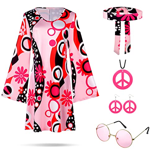 Zhanmai Women's 70s Hippie Costume Disco Outfit Retro Hippie Dress Boho Flared Dress for Party (X-Large)