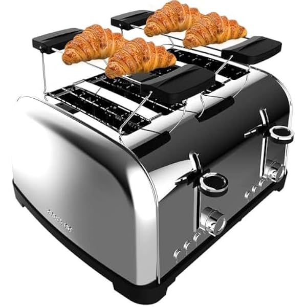 Cecotec Toster Pionowy 4 Gniazda Krótkie Toastin' time 1700 Double Inox. 1700 W, 4 kromki chleba, szerokie gniazdo 3,8 cm, 2 stojaki na bułki i tacę do zbierania, stal nierdzewna
