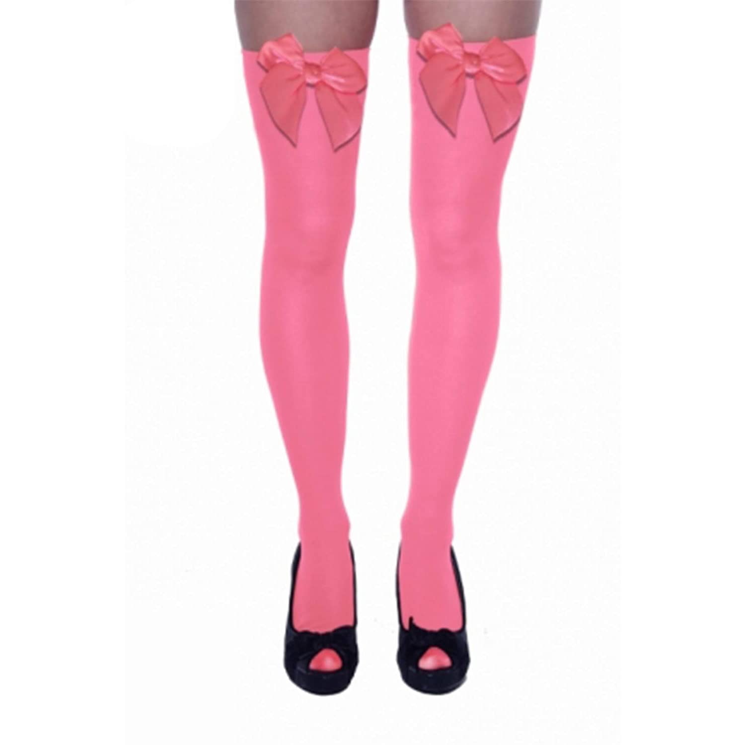 The Fancy Dress® Ladies Girls Thigh High Hold Up Stocking With lace Satin Bow Over Knee Socks Daily Dress Party Favors (Pink With Pink Bow)