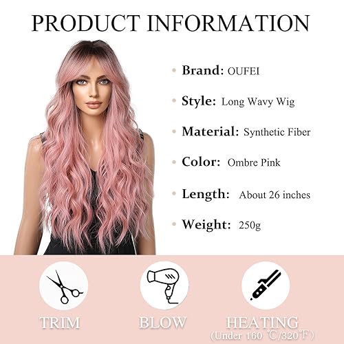 OUFEI Ombre Pink Wigs for Women Long Curly Wig with Bangs Synthetic Hair Heat Resistant Wigs for Daily Party Cosplay Wear - Image 2