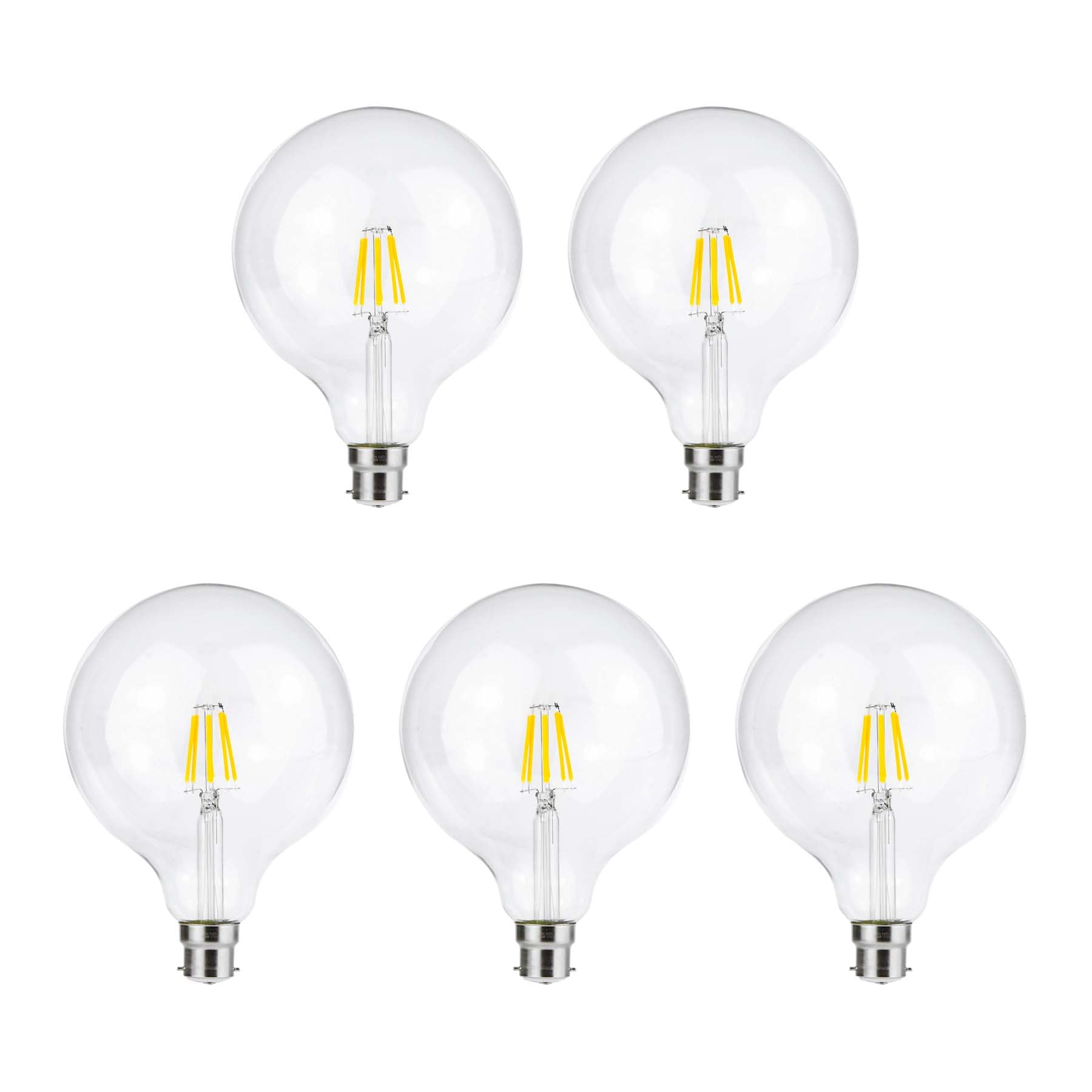 G.W.S® LED Filament Bulb, G125 B22 Bayonet, LED Globe Bulb, 8W Dimmable Warm White 2700K, Clear Glass, Pack of 5 — image 1
