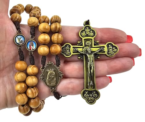 TALISMAN4U Wood Rosary Beads Catholic Necklace 12 Apostles Crucifix Large Bronze Cross Immaculate Heart of Mary Jesus Sacred Medals Handmade Wooden Rosaries for Men Gift Box & Prayer Card4