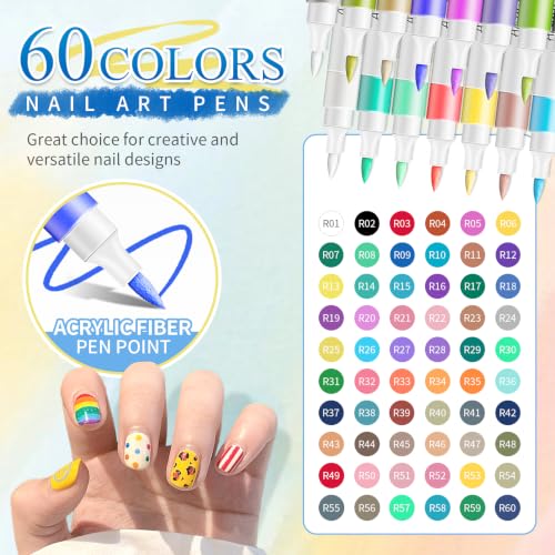 Image of CAHIUYOA 60 Colors Nail Art Pens for Painting Nails,3D Nail Art Markers